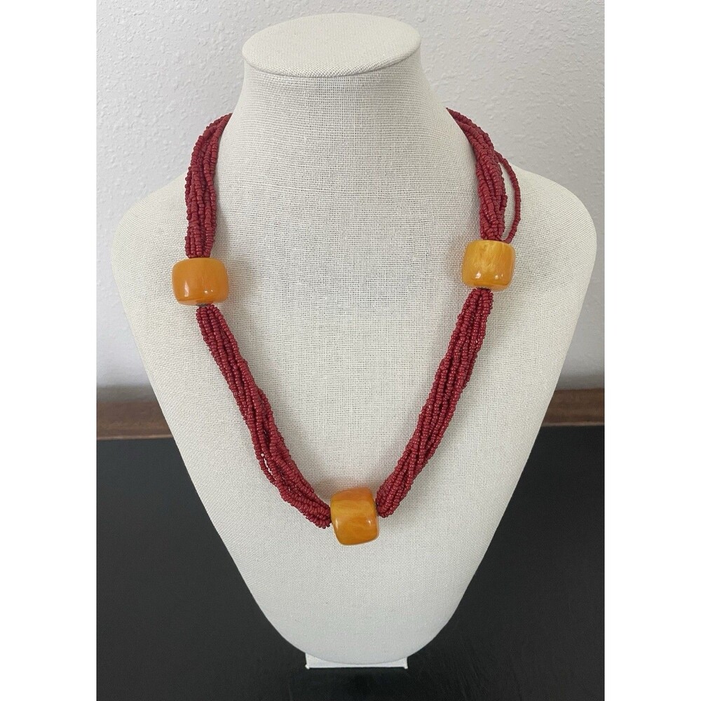 Vintage Seed Bead Red FAUX Amber Multi strand Necklace